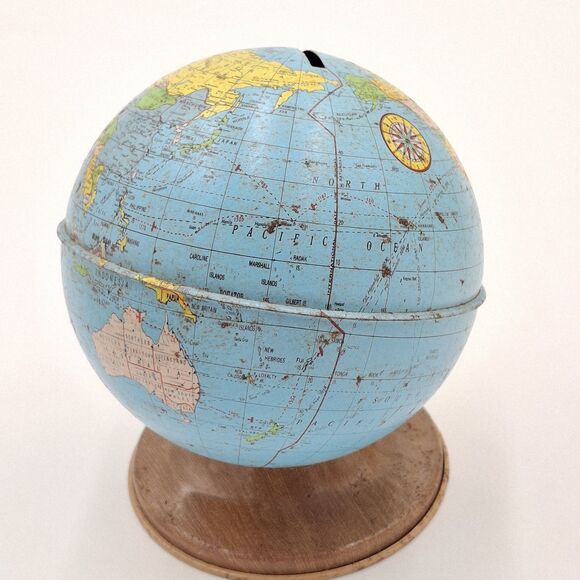 VTG Ohio Art Tin Metal Litho Earth Globe World Coin Piggy Savings Bank W/Stopper - Picture 5 of 10